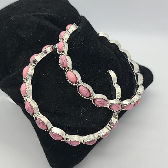 Pink Beaded Bohemian Silver Hoop Earrings Boho Native Western Tribal Jewelry - Picture 3 of 9